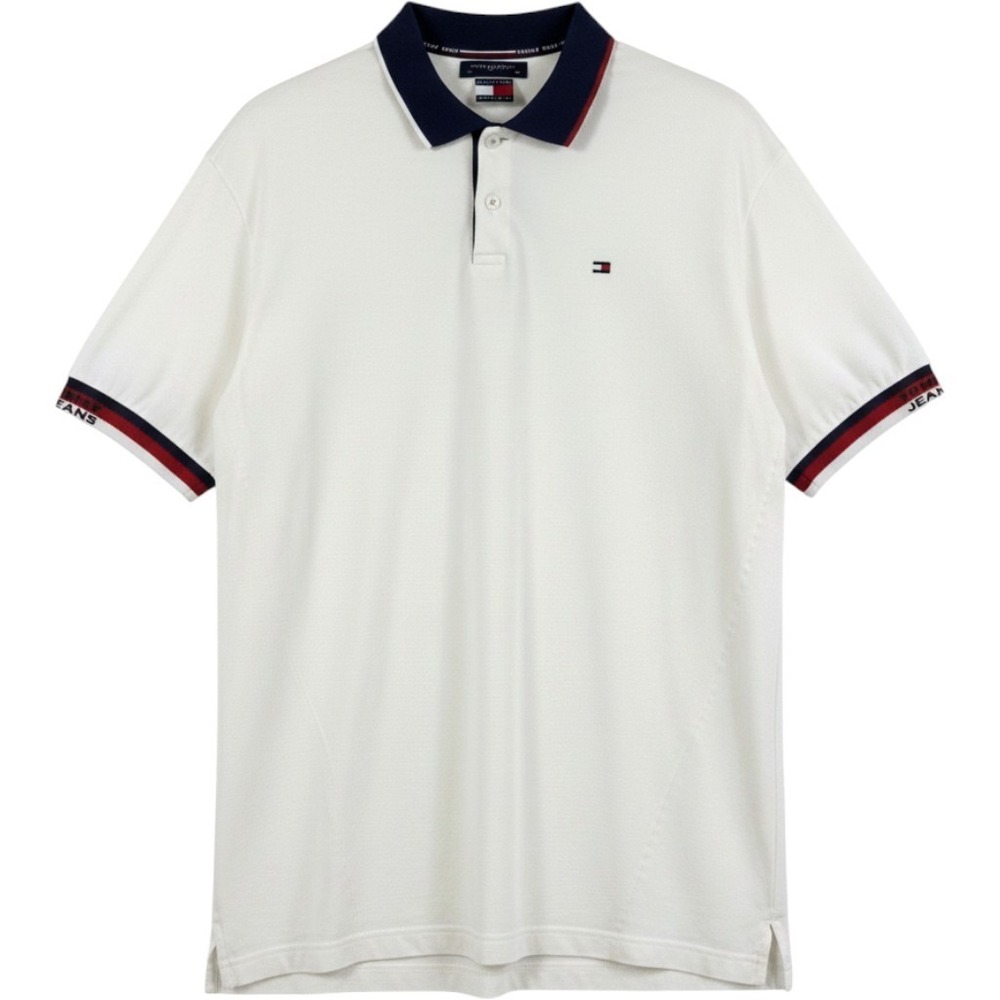 Tommy Jeans Polo Shirt Mens XL White Navy Collar Logo Short Sleeve Knit Casual